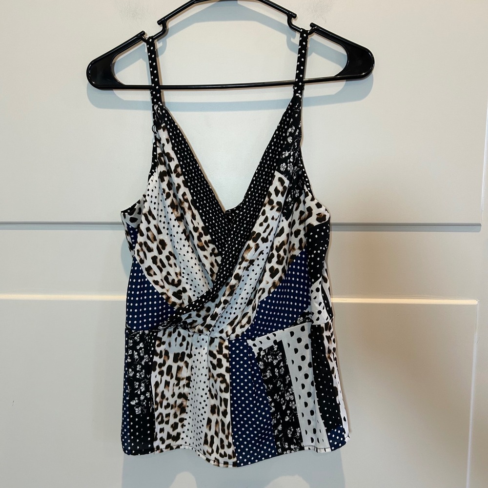 CAbi‎ Womens 6 Patchwork Print V Neck Spaghetti Strap Tank Leopard Polka Dots